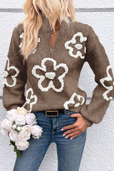 Parchment Contrast Flower Half Zipper Stand Neck Sweater Sweaters JT's Designer Fashion