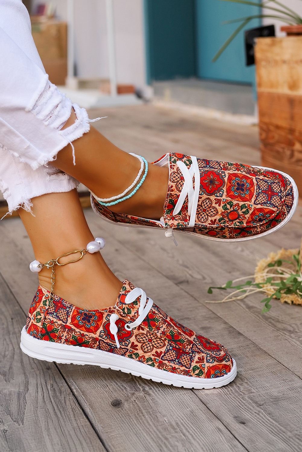 Fiery Red Western Printed Lacing Flat Slip On Shoes Women's Shoes JT's Designer Fashion