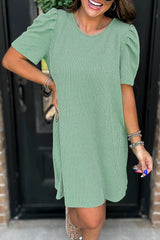 Mint Green Corded Knit Crew Neck Puff Sleeve Shift Mini Dress Mint Green 75%Polyester+20%Viscose+5%Elastane T Shirt Dresses JT's Designer Fashion