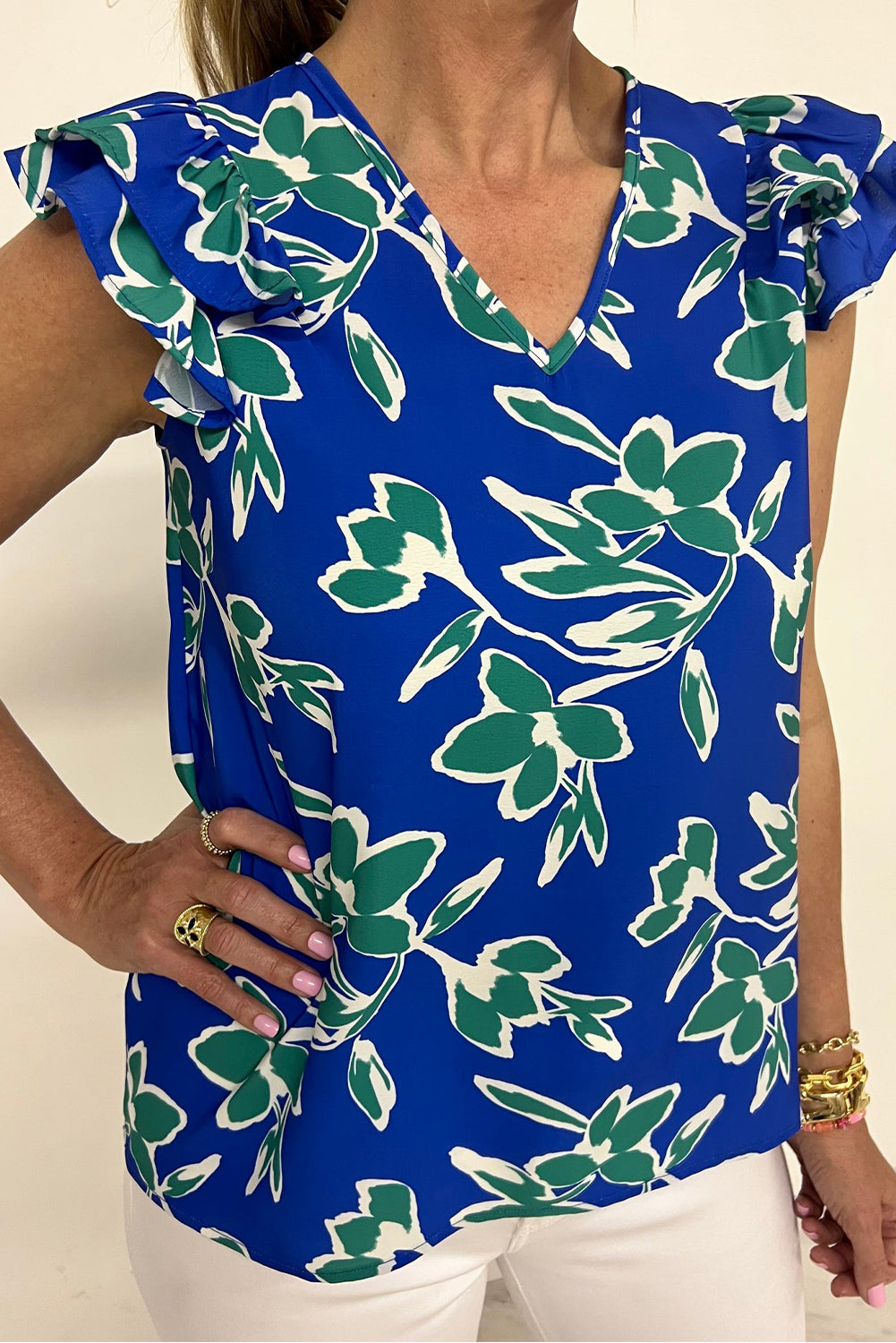 Blue V Neck Floral Print Double Ruffled Short Sleeve Blouse Blue 100%Polyester Blouses & Shirts JT's Designer Fashion