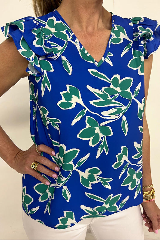 Blue V Neck Floral Print Double Ruffled Short Sleeve Blouse Blue 100%Polyester Blouses & Shirts JT's Designer Fashion
