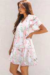 Pink Floral Contrast Edge Layered Short Sleeve Mini Dress Floral Dresses JT's Designer Fashion