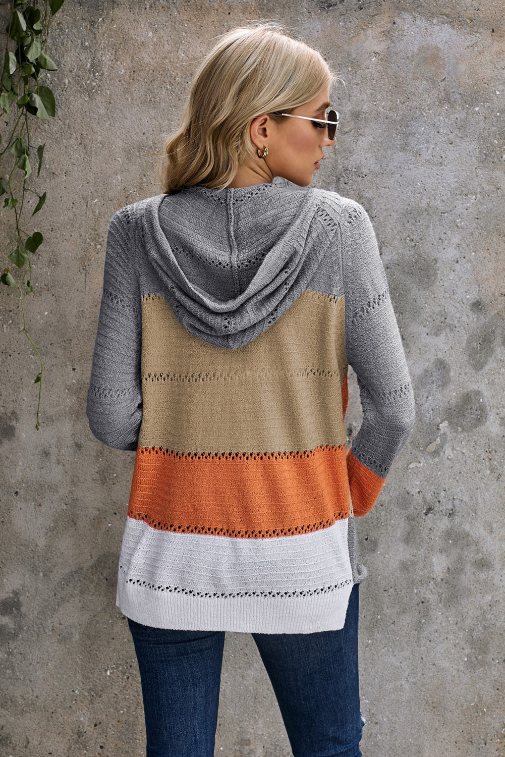 Gray Zipped Front Colorblock Hollow-out Knit Hoodie Sweatshirts & Hoodies JT's Designer Fashion