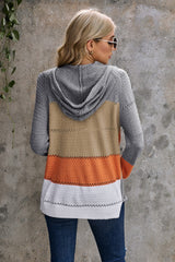 Gray Zipped Front Colorblock Hollow-out Knit Hoodie Sweatshirts & Hoodies JT's Designer Fashion