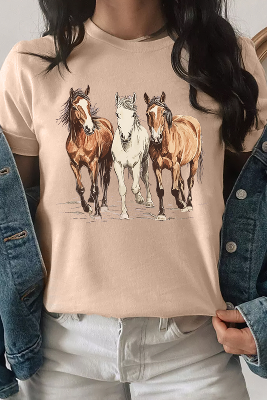 Khaki Gallant Horses Printed Casual T Shirt Graphic Tees JT's Designer Fashion