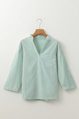 Green Stripe V Neck Roll Up Sleeve Pocket Patched Classic Shirt Blouses & Shirts JT's Designer Fashion
