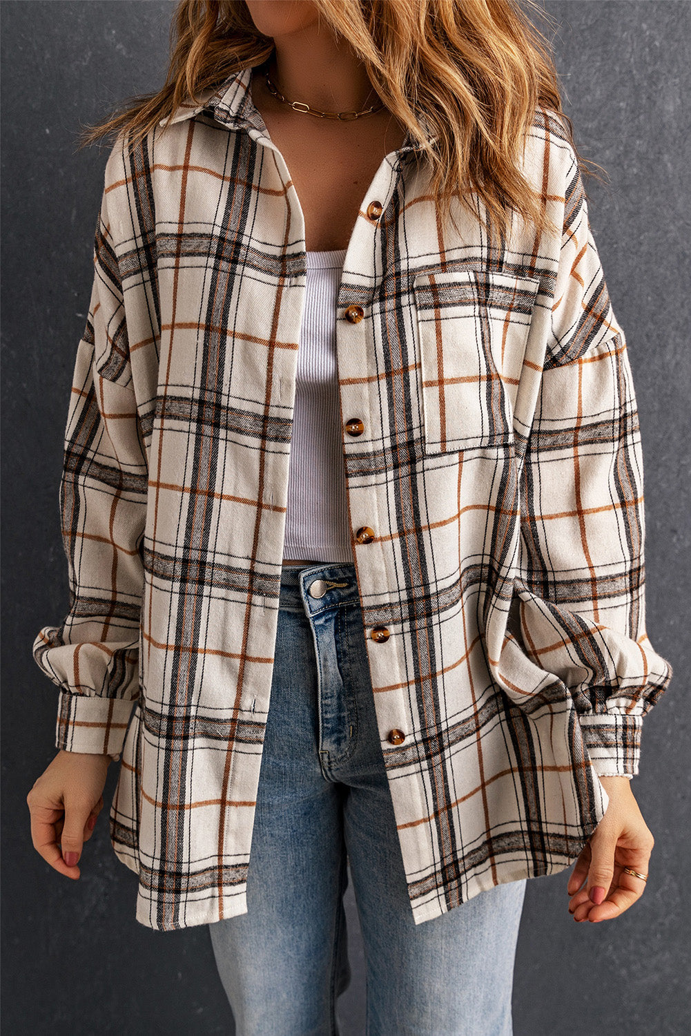 White Oversized Plaid Pattern Shacket with Slits Plaid Shackets JT's Designer Fashion
