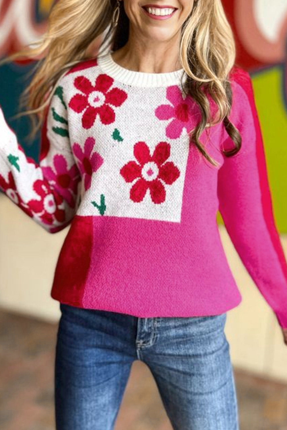 Rose Red Floral Mixed Color Block Sweater Sweaters & Cardigans JT's Designer Fashion