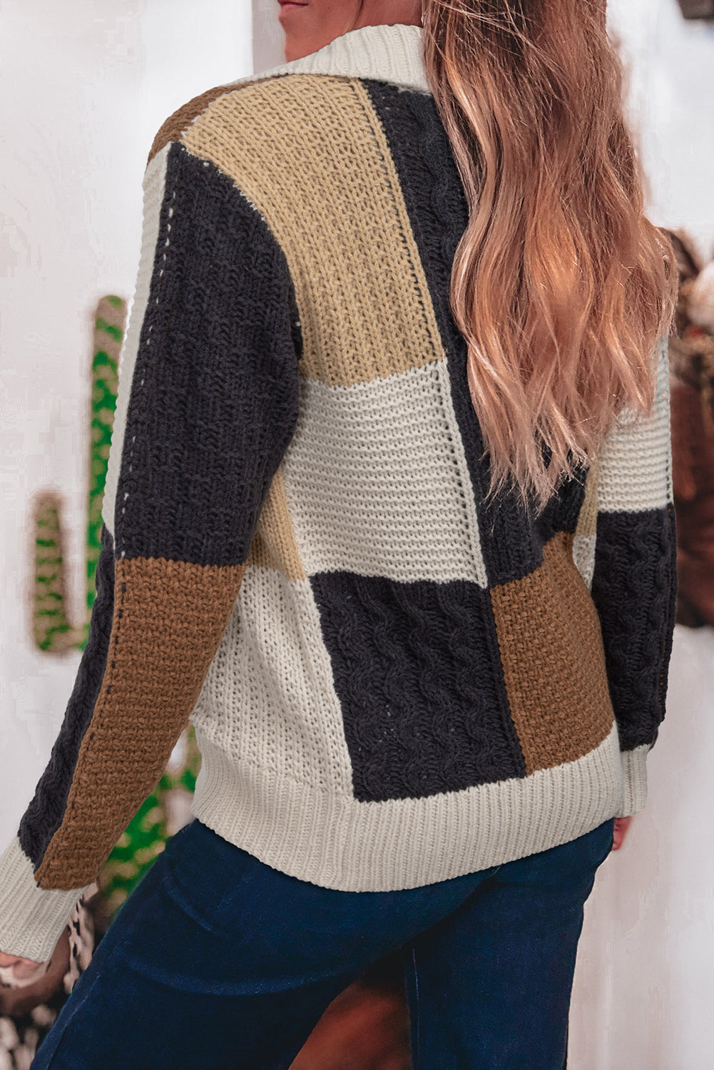 Multicolour Color Block Cable Knit Sleeve Buttons Collared Sweater Sweaters JT's Designer Fashion