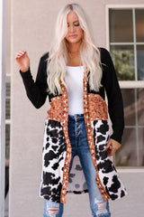 Black Western Pattern Cow Patchwork Open Front Cardigan Sweaters & Cardigans JT's Designer Fashion