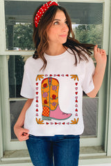 White Floral Cowgirl Boots Printed Casual T Shirt Graphic Tees JT's Designer Fashion