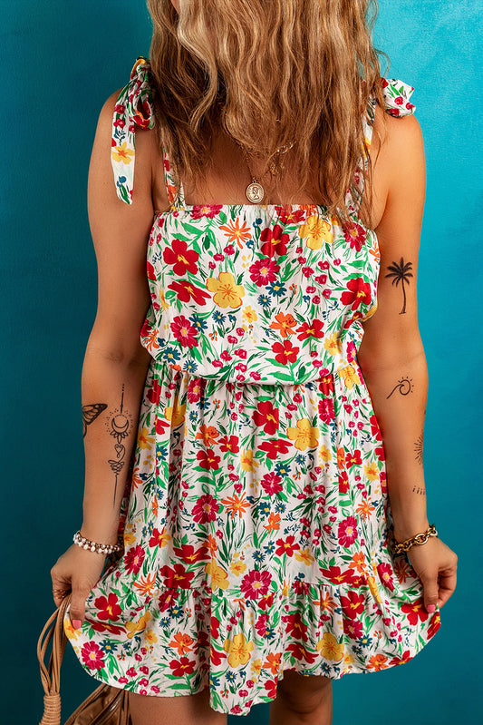 Red Floral Knotted Straps Cinched Waist Ruffle Hem Mini Dress Red 100%Viscose Floral Dresses JT's Designer Fashion