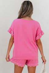 Bright Pink Textured Pearled Ruffle Sleeve Top 2 Piece Shorts Set Short Sets JT's Designer Fashion