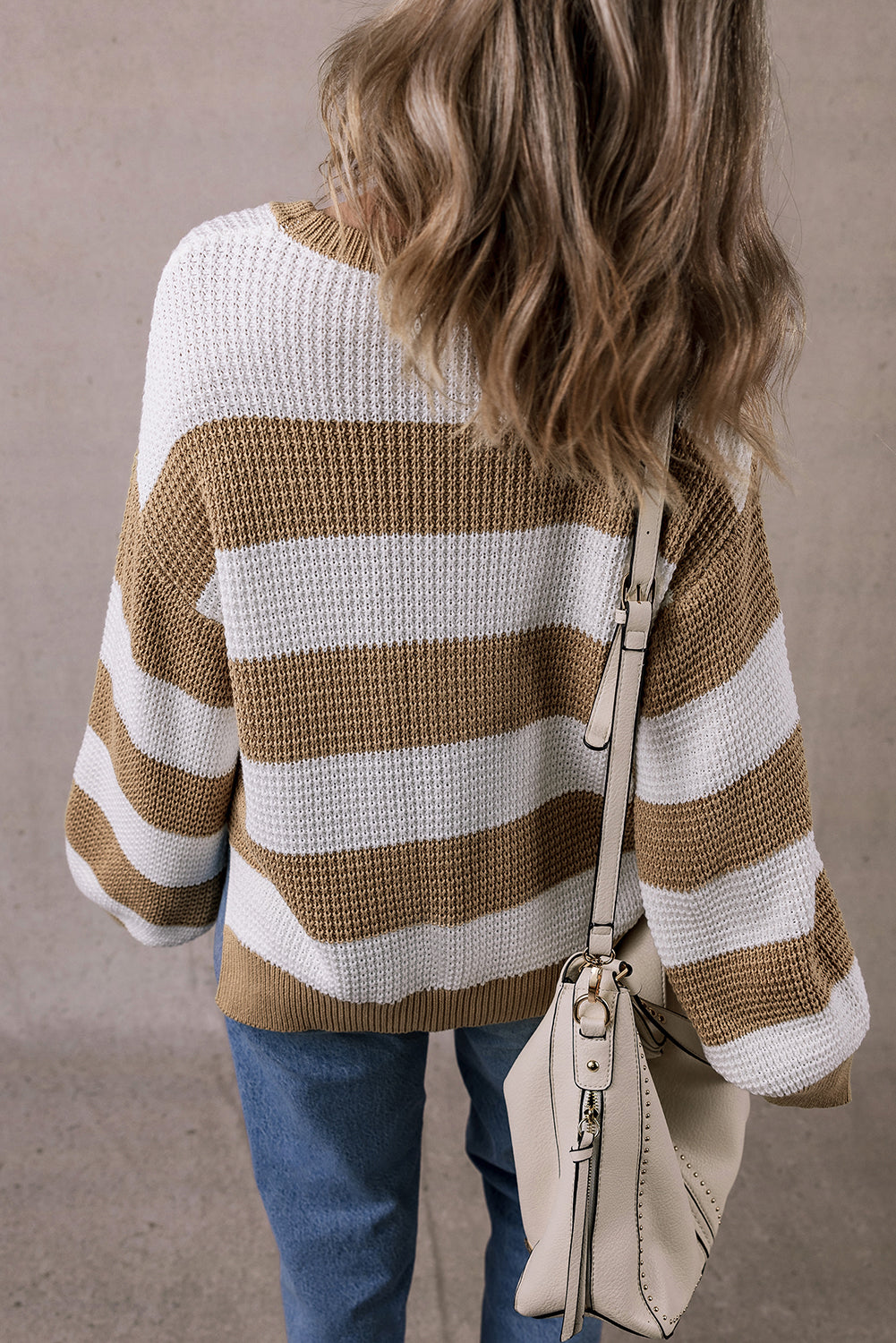 Light French Beige Colorblock Striped Drop Shoulder Side Slit Sweater Sweaters JT's Designer Fashion