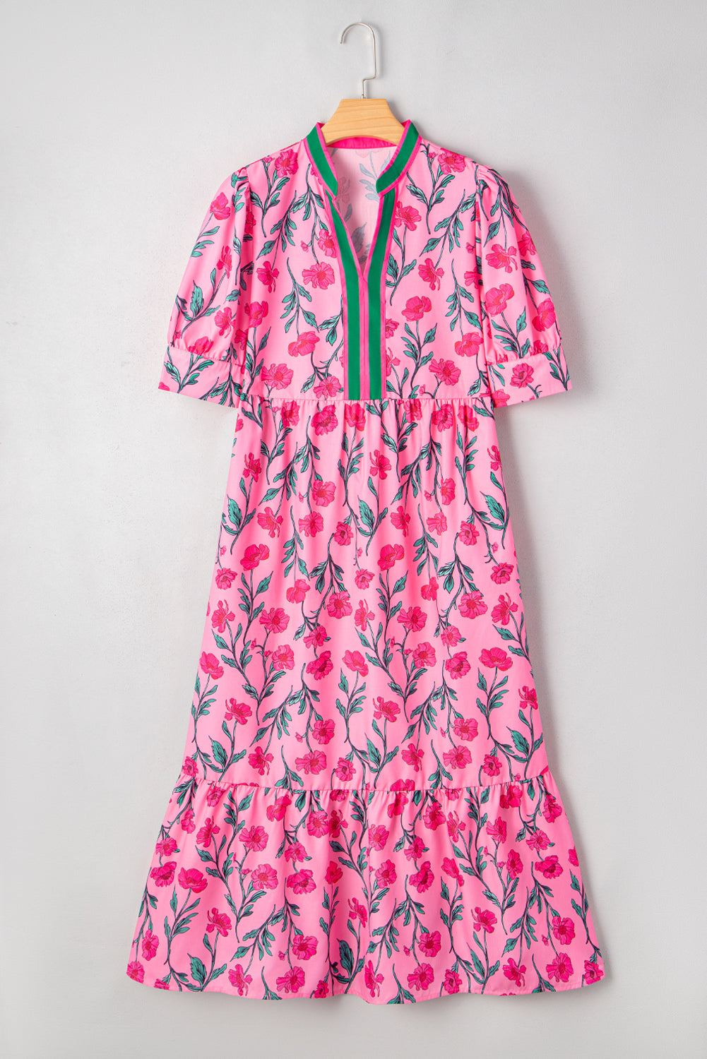 Pink Floral Contrast Neckline A-line Puff Sleeve Long Dress Maxi Dresses JT's Designer Fashion