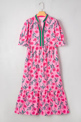 Pink Floral Contrast Neckline A-line Puff Sleeve Long Dress Maxi Dresses JT's Designer Fashion