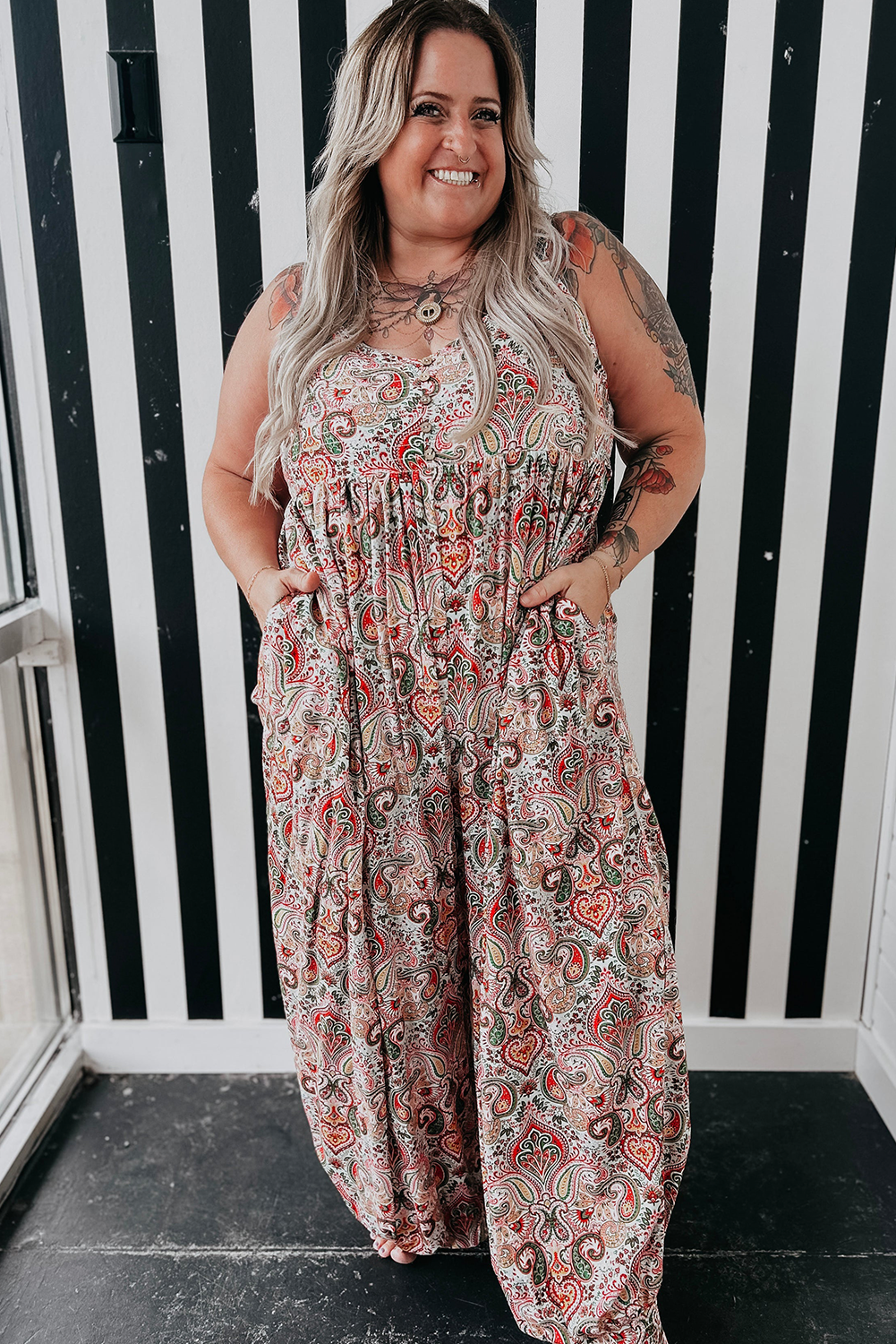 Multicolour Plus Size Paisley Print Sleeveless V Neck Jogger Jumpsuit Plus Size Bottoms JT's Designer Fashion