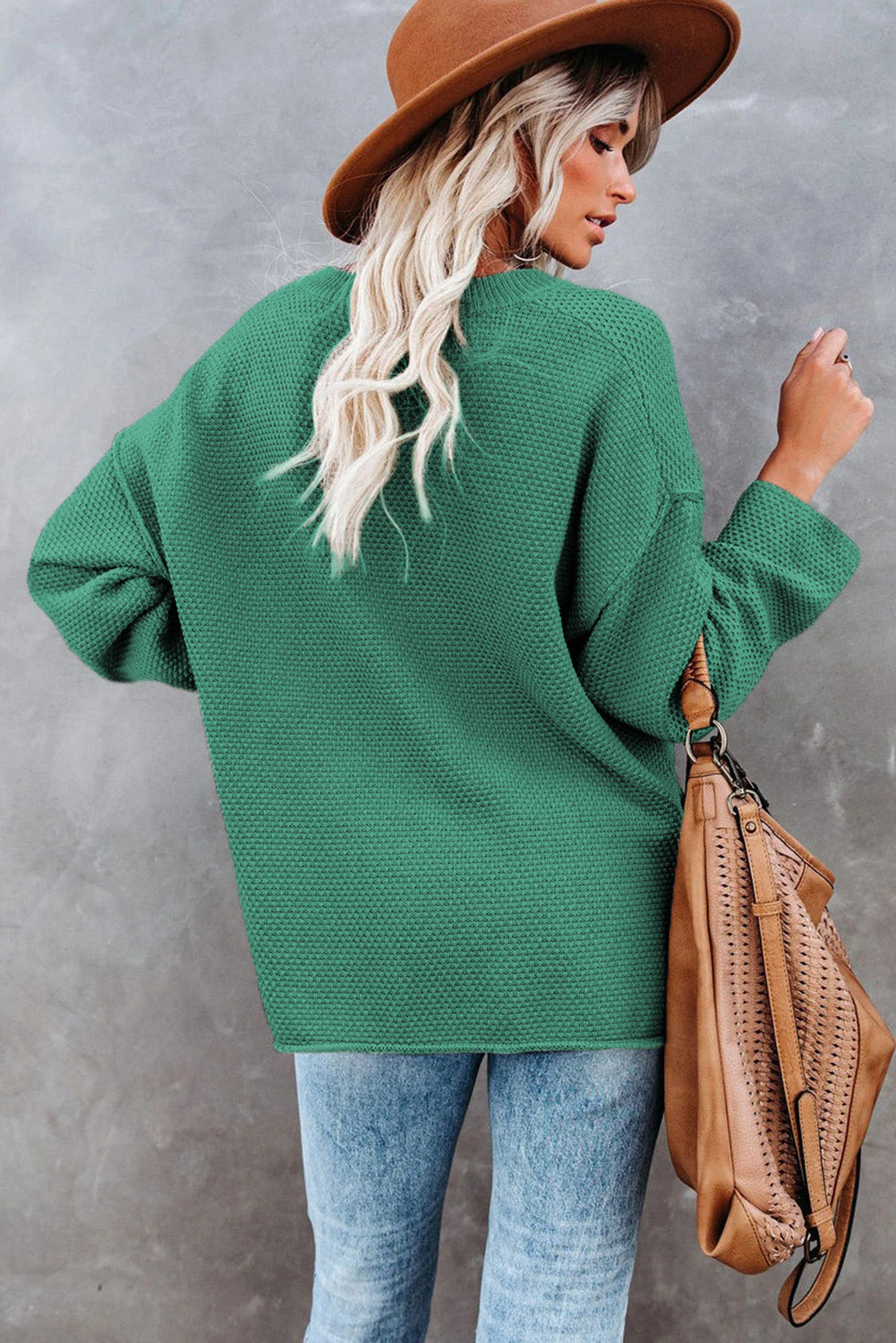 Green Henley Pullover Drop Shoulder Sweater with Slits Sweaters JT's Designer Fashion