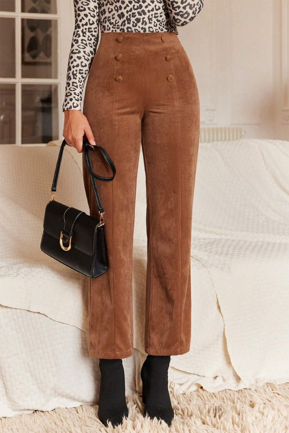 Chestnut Solid Color Double Breasted Straight Leg Pants Pants & Culotte JT's Designer Fashion