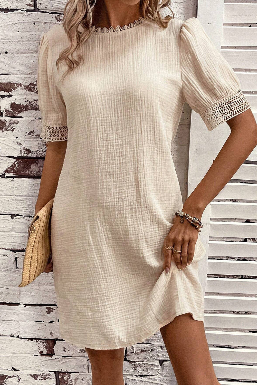 Beige Crinkle Lace Trim Puff Sleeve Shift Mini Dress Dresses JT's Designer Fashion