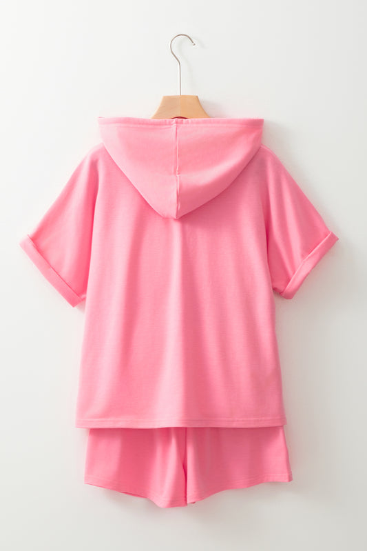 Peach Blossom Hooded Short Sleeve Henley Top and Shorts Set Short Sets JT's Designer Fashion