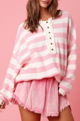 Pink Stripe Half Buttons Drop Shoulder Sweater Pink Stripe 48%Acrylic+42%Polyamide+10%Wool Sweaters JT's Designer Fashion