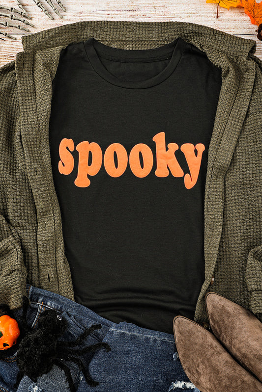 Black Halloween Spooky Crew Neck Casual Graphic Tee Graphic Tees JT's Designer Fashion