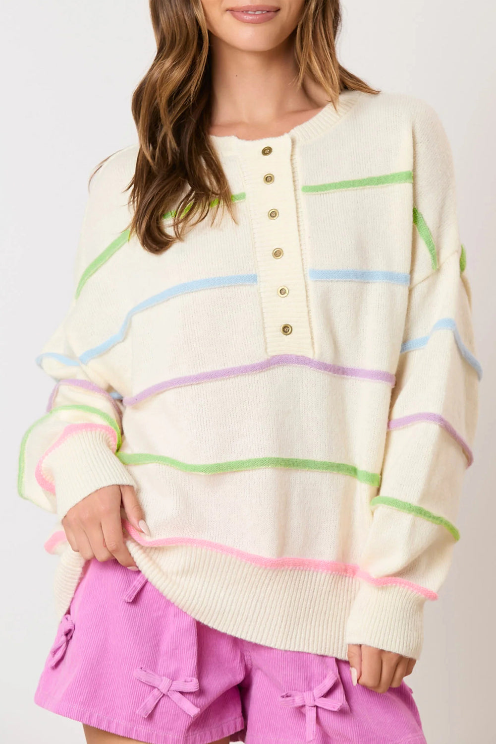 White Rainbow Stripes Drop Shoulder Baggy Henley Sweater Sweaters JT's Designer Fashion