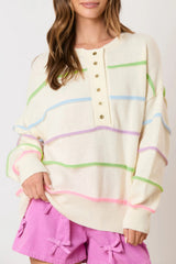 White Rainbow Stripes Drop Shoulder Baggy Henley Sweater Sweaters JT's Designer Fashion