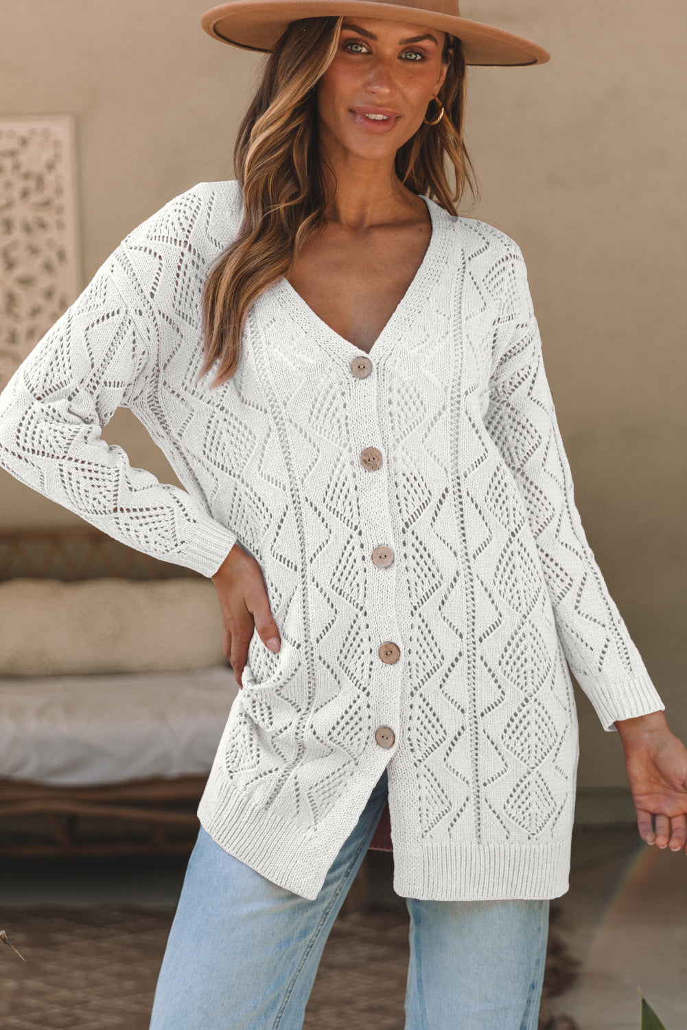 White Hollow-out Openwork Knit Cardigan Cardigans JT's Designer Fashion