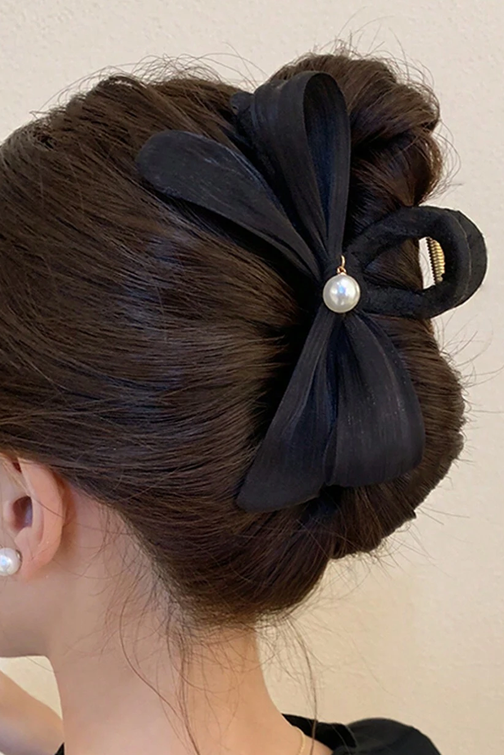 Black Pearl Decor Bow Large Claw Clip Headwear JT's Designer Fashion