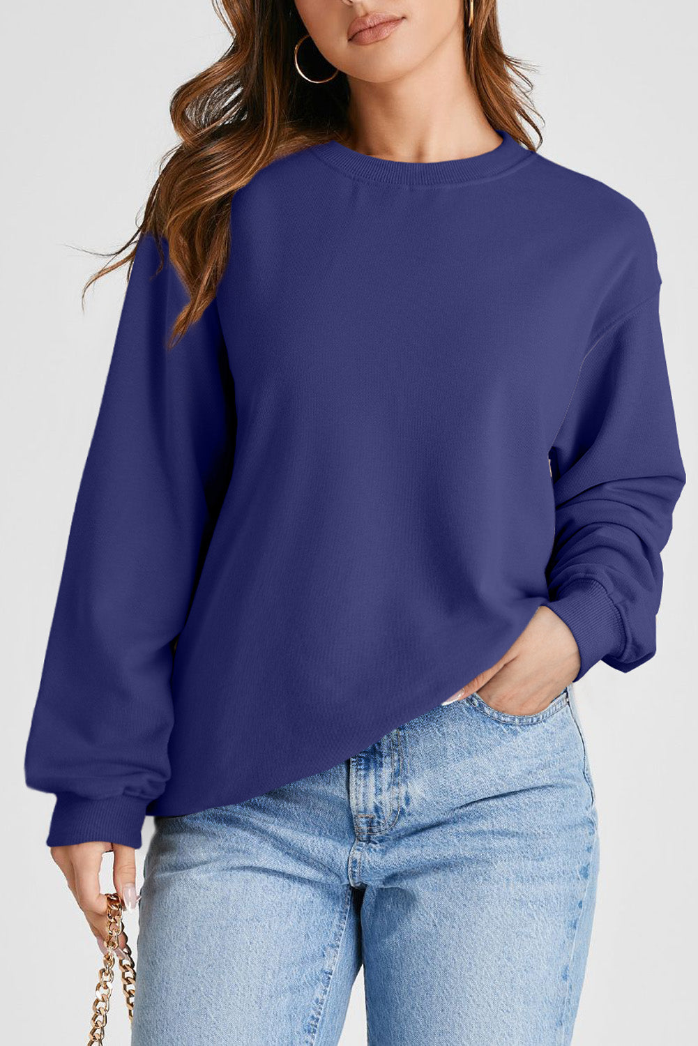 Navy Blue Plain Drop Shoulder Crewneck Pullover Sweatshirt Sweatshirts & Hoodies JT's Designer Fashion
