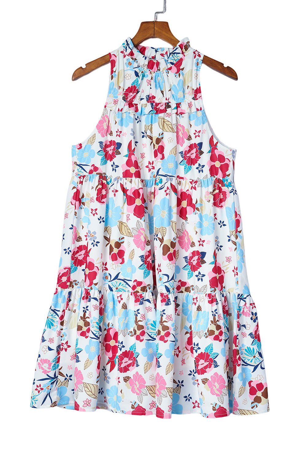 White Frill Mock Neck Sleeveless Tiered Floral Dress Floral Dresses JT's Designer Fashion