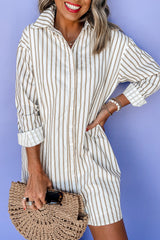 Khaki Stripe Long Sleeve Button Up Mini Shirt Dress Mini Dresses JT's Designer Fashion