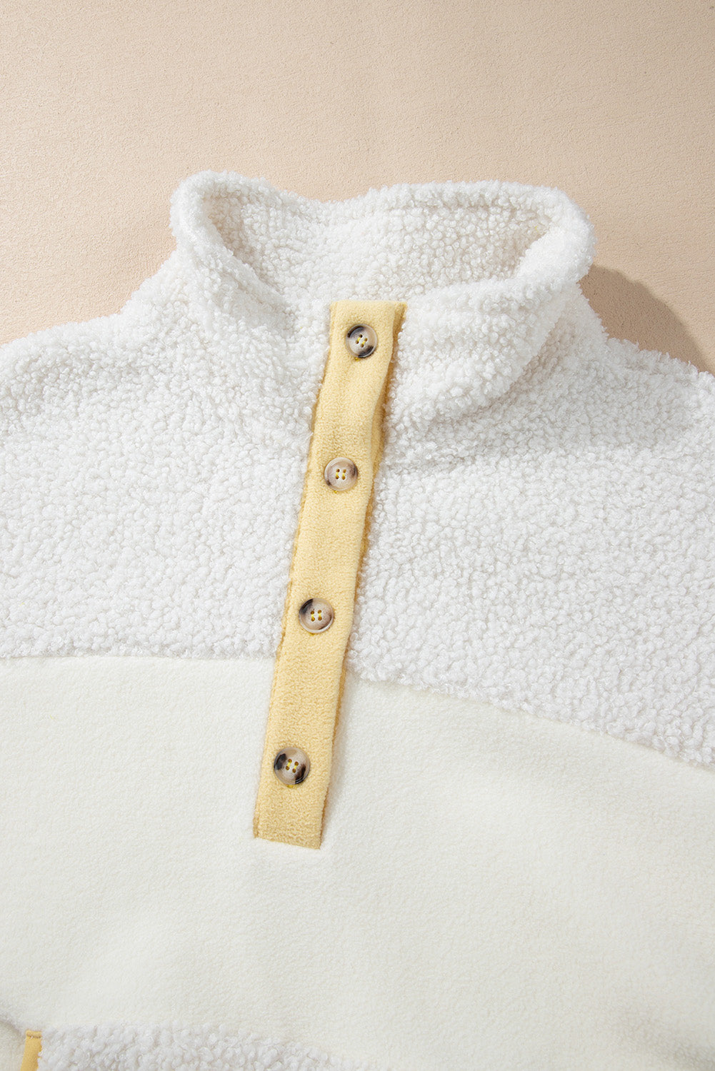 Beige Fleece Colorblock Trim Buttons Collar Sweatshirt with Pocket Sweatshirts & Hoodies JT's Designer Fashion