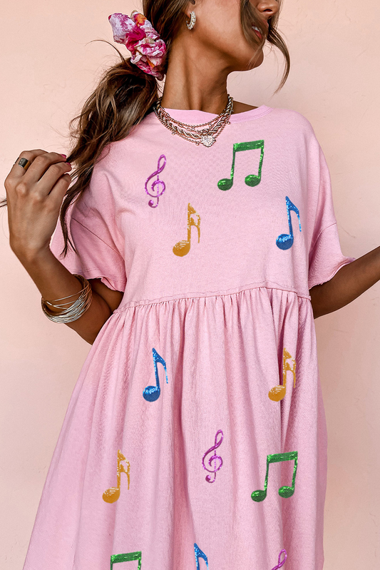 Light Pink Sequined Note Pattern Raw Edge Music Festival Babydoll T-shirt Dress Graphic Dresses JT's Designer Fashion