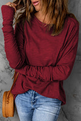 Fiery Red Solid Crew Neck Long Sleeve Top Long Sleeve Tops JT's Designer Fashion