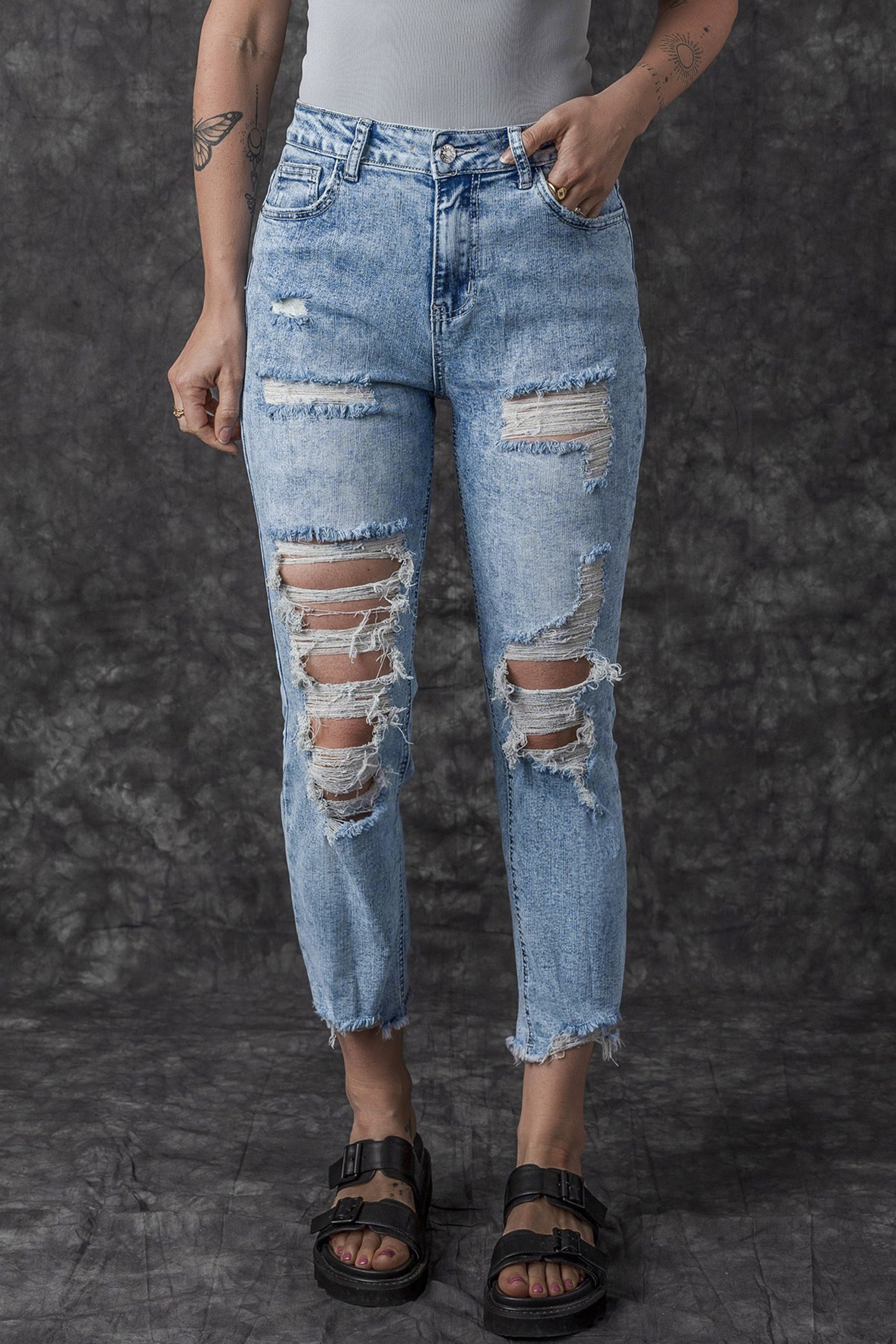 Sky Blue Acid Wash Distressed Slim Fit Jeans Jeans JT's Designer Fashion