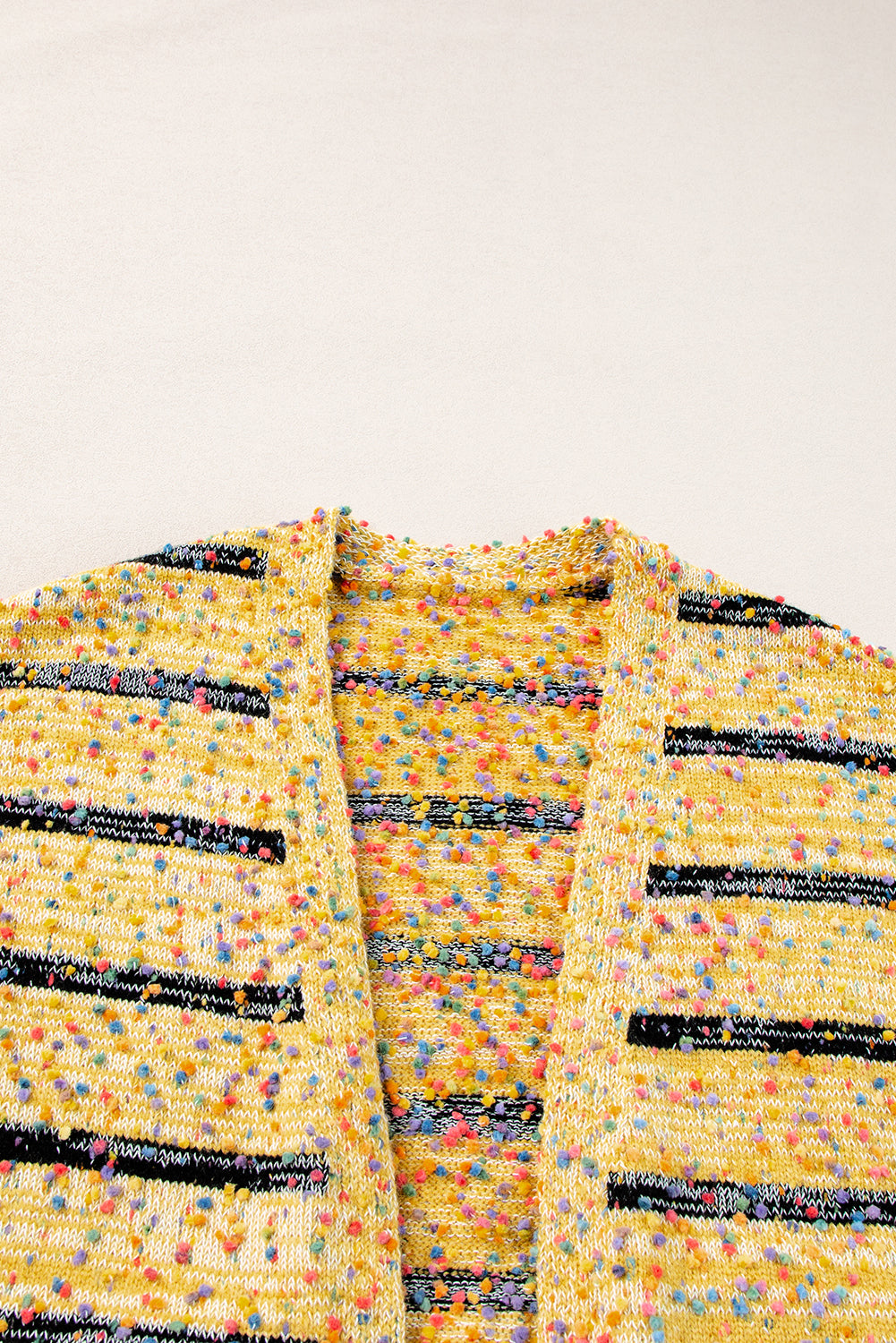 Beige Striped Pom Pom Knit Open Front Long Cardigan Cardigans JT's Designer Fashion