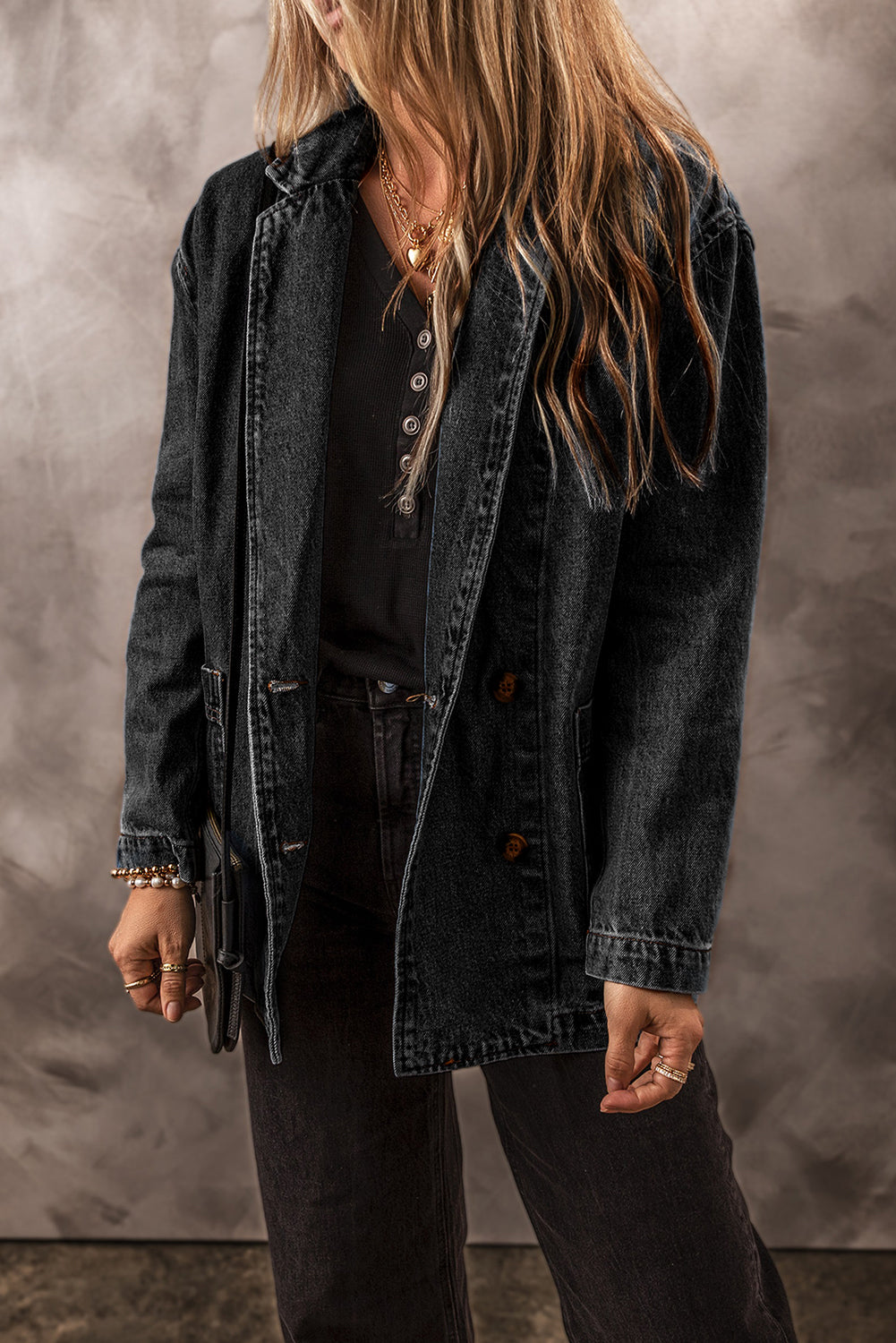 Black Side Pockets Lapel Collar Denim Jacket Denim Jackets JT's Designer Fashion