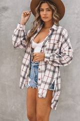 White Oversized Plaid Pattern Shacket with Slits Plaid Shackets JT's Designer Fashion