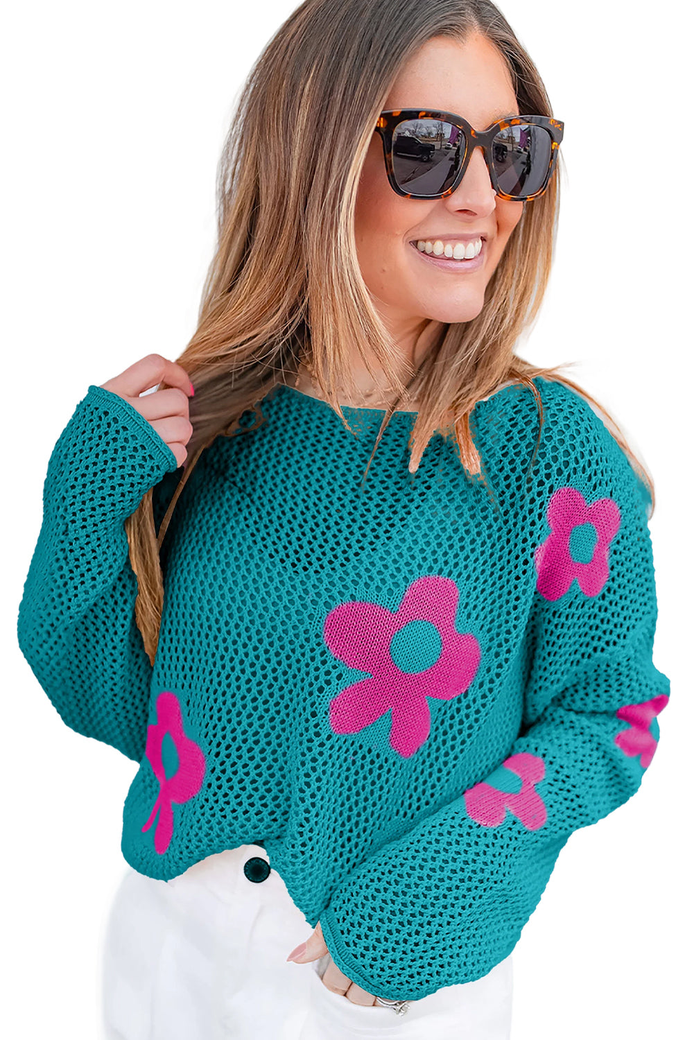 Sea Green Big Flower Hollowed Knit Drop Shoulder Sweater Sweaters JT's Designer Fashion