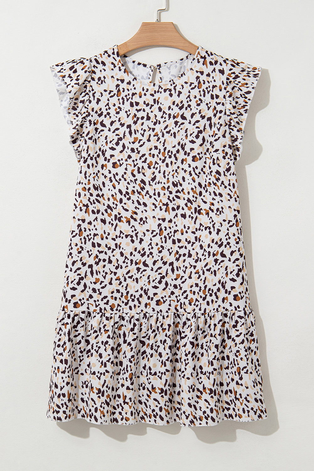 Khaki Leopard Ruffled Flutter Sleeve Keyhole Back Mini Dress Mini Dresses JT's Designer Fashion