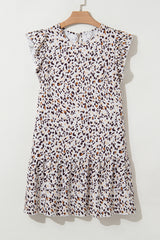 Khaki Leopard Ruffled Flutter Sleeve Keyhole Back Mini Dress Mini Dresses JT's Designer Fashion