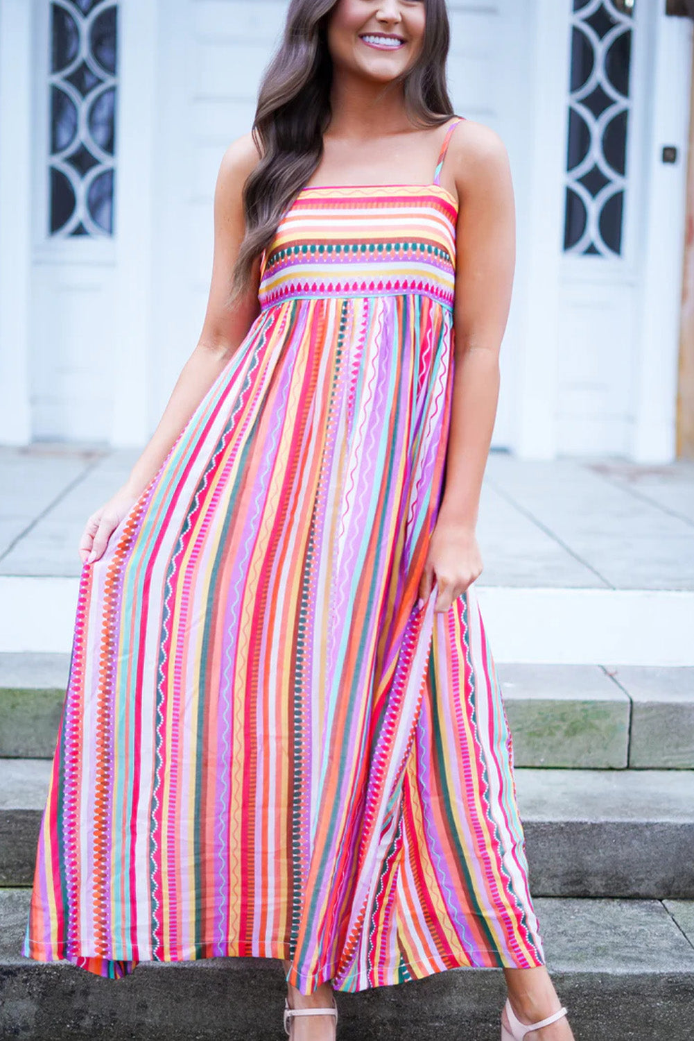 Multicolour Striped Thin Straps Smocked Back Boho Maxi Dress Dresses JT's Designer Fashion