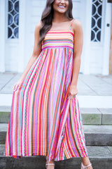 Multicolour Striped Thin Straps Smocked Back Boho Maxi Dress Dresses JT's Designer Fashion
