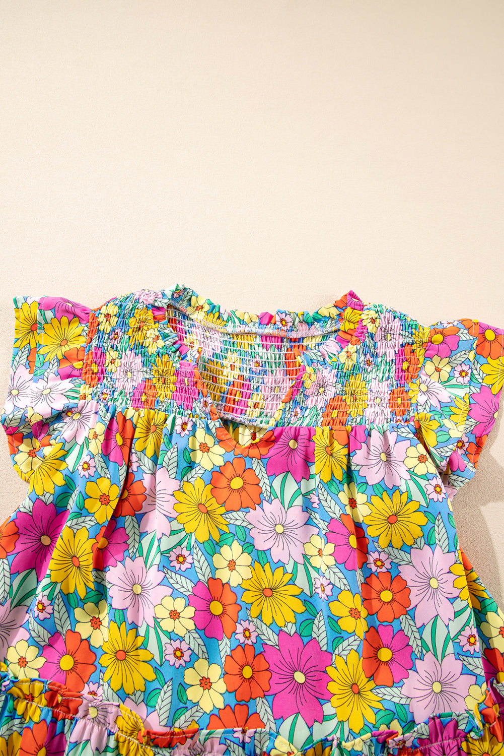 Sky Blue Floral Print Smocked Notch V Neck Flutter Sleeve Mini Dress Floral Dresses JT's Designer Fashion