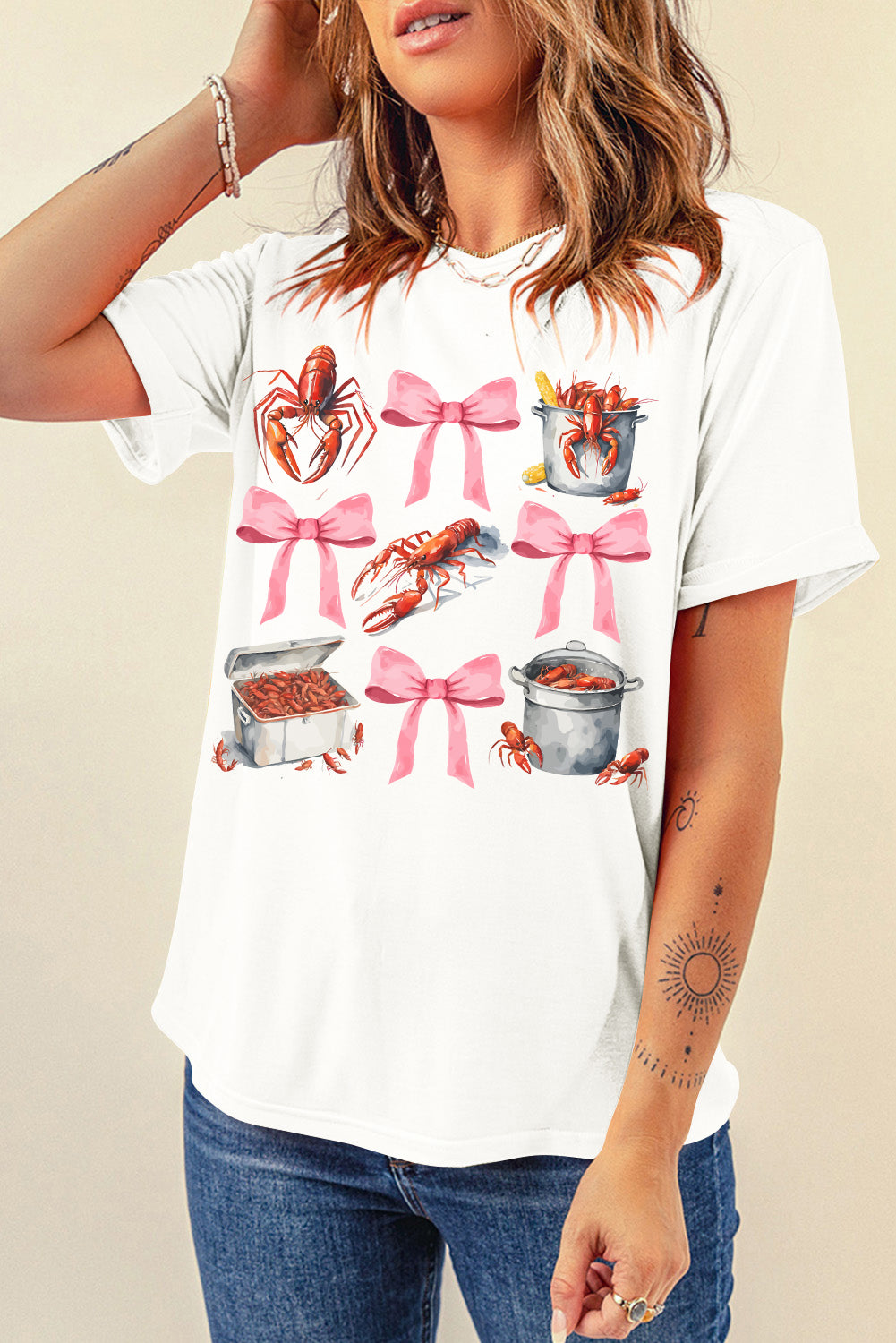 White Crawfish Boil Bow Graphic Crewneck Tee Graphic Tees JT's Designer Fashion