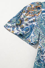 Blue Bohemian Paisley Floral V Neck Short Sleeve Mini Dress Floral Dresses JT's Designer Fashion