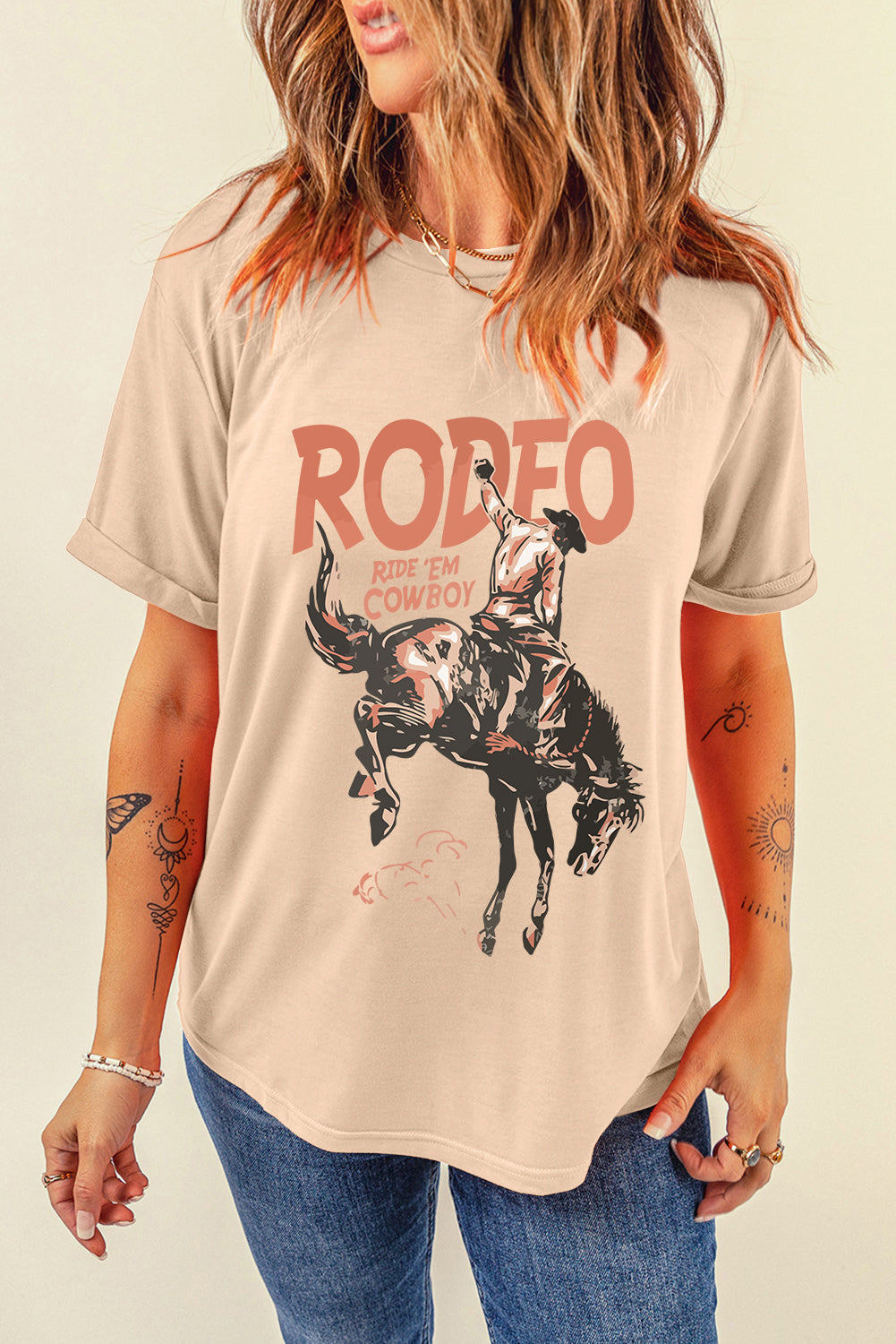Khaki RODEO Cowboy Graphic Crewneck T Shirt Graphic Tees JT's Designer Fashion